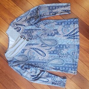 Paisley blue and gray women's long sleeve shirt.